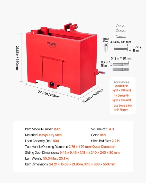 Záťaž pre ťažné zariadenie, 3-bodová záťažová skriňa pre traktor kategórie 1 s nosnosťou 363 kg, pre ťažné zariadenie 5,6 cm, oceľové veľkokapacitné nakladacie zariadenie s posuvnými dverami, červená – Obrázok 6