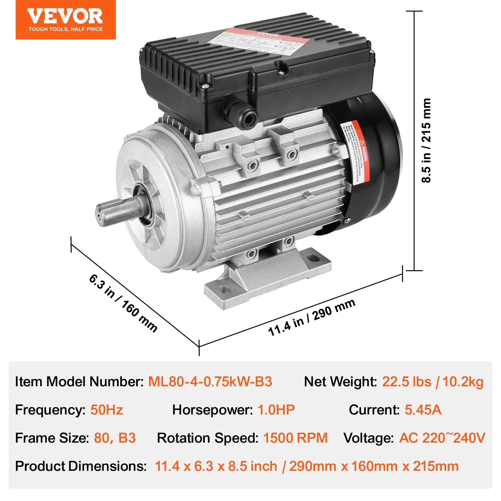 Elektromotor 0,75 kW 1400 ot./min, AC 220~240 V 5,45 A, rám 80 B3, jednofázový motor vzduchového kompresora, drážkovaný hriadeľ 19 mm, otáčanie vpred/vzad pre poľnohospodárske stroje a všeobecné zariadenia – Obrázok 5