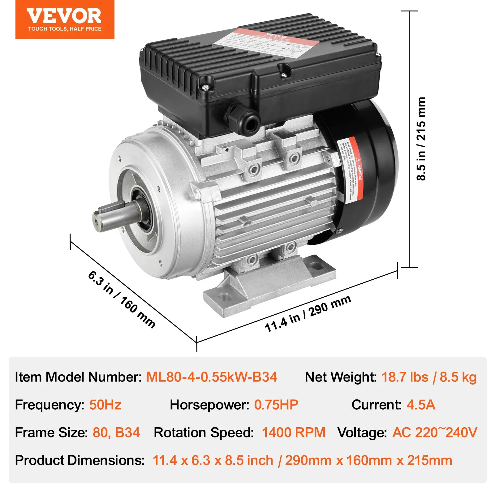 Elektromotor 0,55 kW 1400 ot./min., AC 220 – 240 V, 4,5 A, rám 80 B34, jednofázový motor vzduchového kompresora, drážkovaný hriadeľ 19 mm, otáčanie vpred/vzad pre poľnohospodárske stroje a všeobecné zariadenia – Obrázok 5