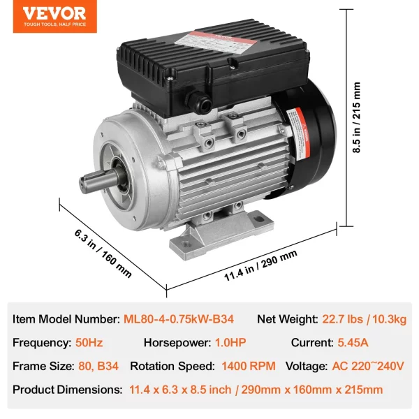 Elektromotor 0,75 kW 1400 ot./min., AC 220 – 240 V, 5,45 A, rám 80 B34, jednofázový motor vzduchového kompresora, drážkovaný hriadeľ 19 mm, otáčanie vpred/vzad pre poľnohospodárske stroje a všeobecné zariadenia – Obrázok 5