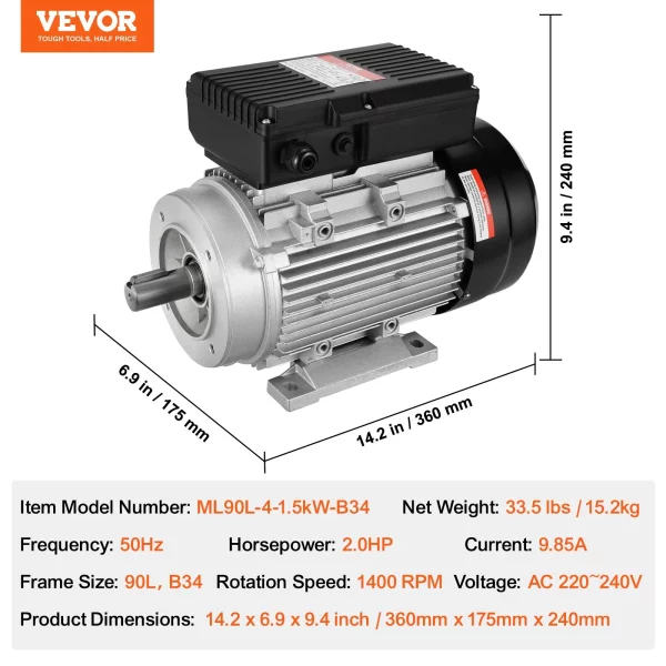 Elektromotor 1,5 kW 1400 ot./min, AC 220~240 V 9,85 A, 90 l, rám B34, jednofázový motor vzduchového kompresora, drážkovaný hriadeľ 24 mm, otáčanie dopredu/dozadu pre poľnohospodárske stroje a všeobecné zariadenia – Obrázok 5