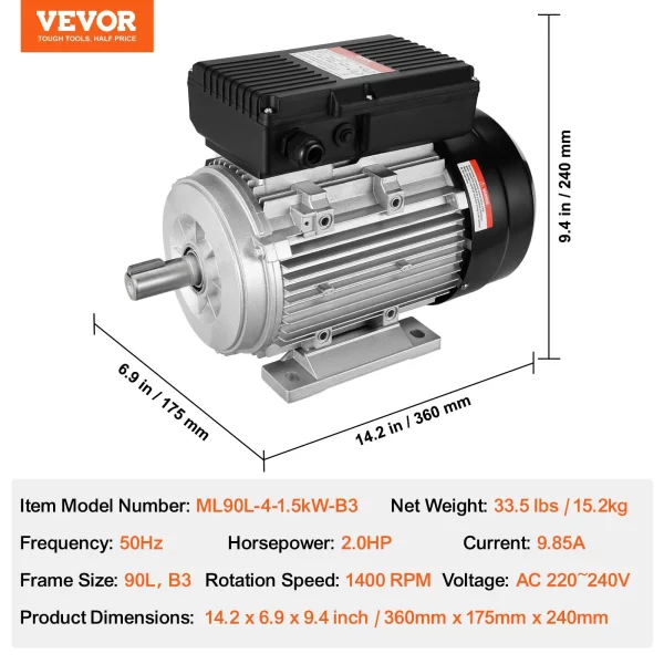 Elektromotor 1,5 kW 1400 ot./min, AC 220~240 V 9,85 A, 90 l, rám B3, jednofázový motor vzduchového kompresora, drážkovaný hriadeľ 24 mm, otáčanie dopredu/dozadu pre poľnohospodárske stroje a všeobecné zariadenia – Obrázok 5