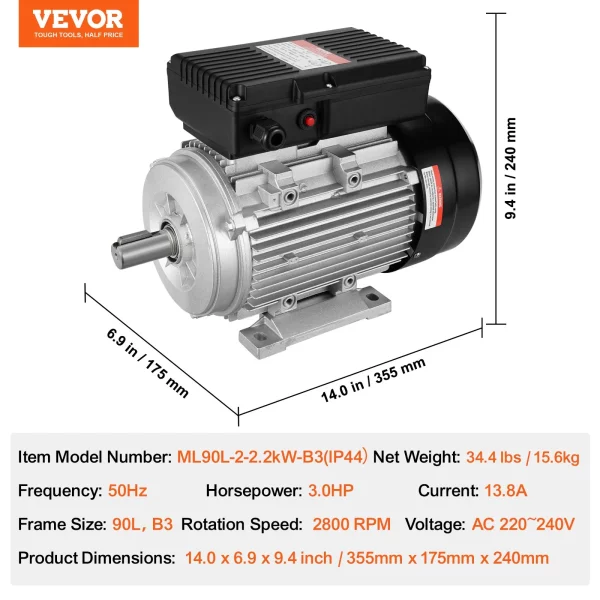 Elektromotor 2,2 kW 2800 ot./min., AC 220 – 240 V, 13,8 A, 90 l, rám B3, jednofázový motor vzduchového kompresora, drážkovaný hriadeľ 24 mm, otáčanie dopredu/dozadu pre poľnohospodárske stroje a všeobecné zariadenia – Obrázok 5