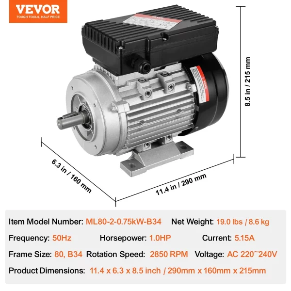 Elektromotor 2,2 kW 2800 ot./min., AC 220 – 240 V, 13,8 A, 90 l, rám B3, jednofázový motor vzduchového kompresora, drážkovaný hriadeľ 24 mm, otáčanie dopredu/dozadu pre poľnohospodárske stroje a všeobecné zariadenia – Obrázok 5