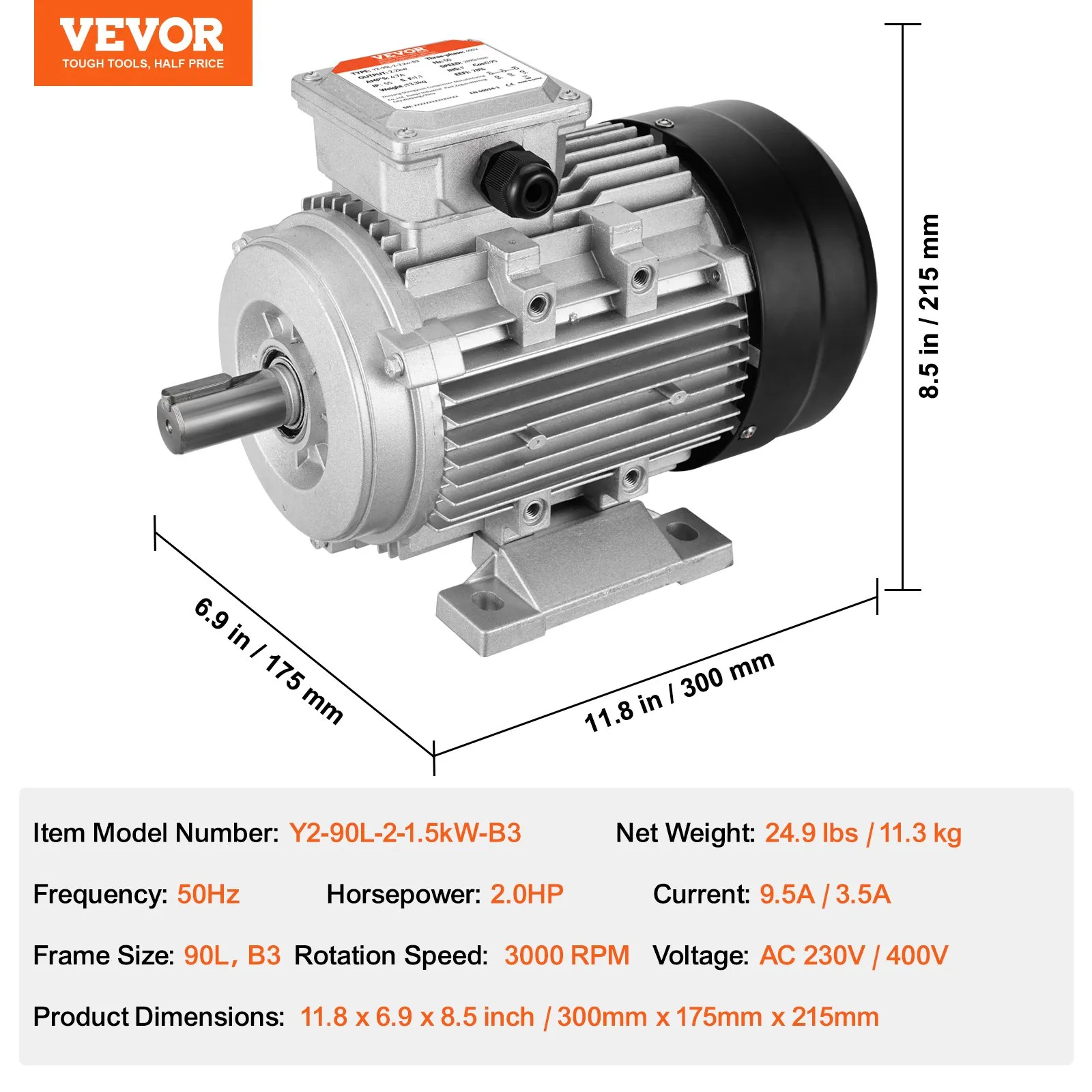 Elektromotor 1,5 kW 3000 ot./min., AC 230 V/400 V, 9,5 A/3,5 A, 90 l, rám B3, 3-fázový motor vzduchového kompresora, drážkovaný hriadeľ 24 mm, otáčanie vpred/vzad pre poľnohospodárske stroje a všeobecné zariadenia – Obrázok 5