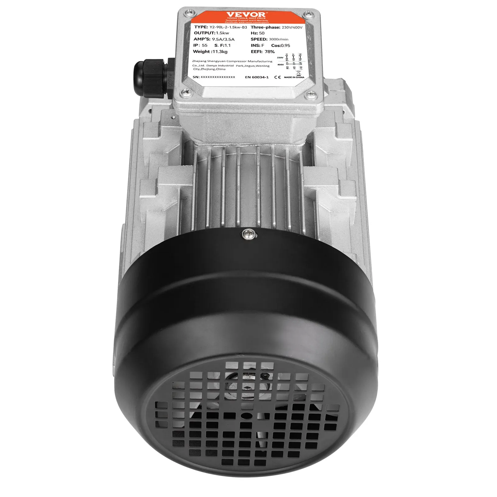 Elektromotor 1,5 kW 3000 ot./min., AC 230 V/400 V, 9,5 A/3,5 A, 90 l, rám B3, 3-fázový motor vzduchového kompresora, drážkovaný hriadeľ 24 mm, otáčanie vpred/vzad pre poľnohospodárske stroje a všeobecné zariadenia – Obrázok 2