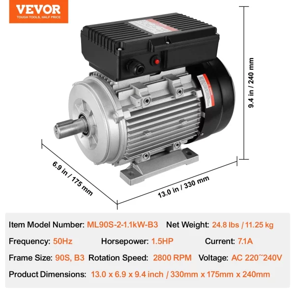 Elektromotor1,1 kW 2800 ot./min, AC 220 – 240 V 7,1 A, 90 S, rám B3, jednofázový motor vzduchového kompresora, drážkovaný hriadeľ 24 mm, otáčanie dopredu/dozadu pre poľnohospodárske stroje a všeobecné zariadenia – Obrázok 5