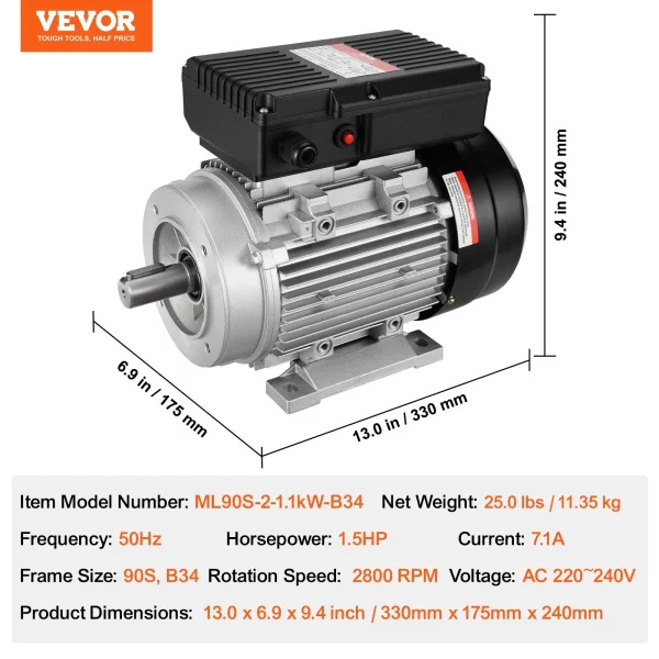 Elektromotor 1,1 kW 2800 ot./min, AC 220 – 240 V 7,1 A, 90 S, rám B34, jednofázový motor vzduchového kompresora, drážkovaný hriadeľ 24 mm, otáčanie dopredu/dozadu pre poľnohospodárske stroje a všeobecné zariadenia – Obrázok 5