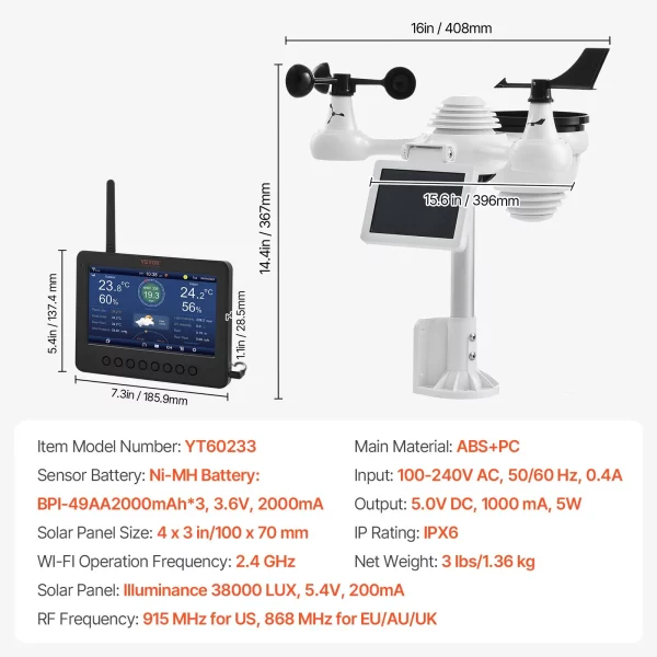 Meteorologická stanica  7 v 1 s WiFi, 186 mm (7 palcov), TFT displej, bezdrôtový vonkajší senzor, IPX6 – Obrázok 6