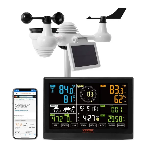 Profesionálna WiFi meteorologická stanica  7 v 1, solárna meteorologická stanica, 190,5 mm (7,5-palcový) displej, dosah prenosu 150 m, vonkajší senzor pre rýchlosť vetra, smer vetra, teplotu, vlhkosť, zrážky – Obrázok 5