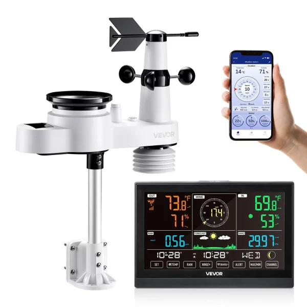 Meteorologická stanica  5 v 1 s WiFi, 7,5-palcový VA displej, solárny vonkajší senzor, meteorologické centrum pre predpoveď počasia, rýchlosť vetra, smer vetra, teplotu, vlhkosť, zrážky – Obrázok 7