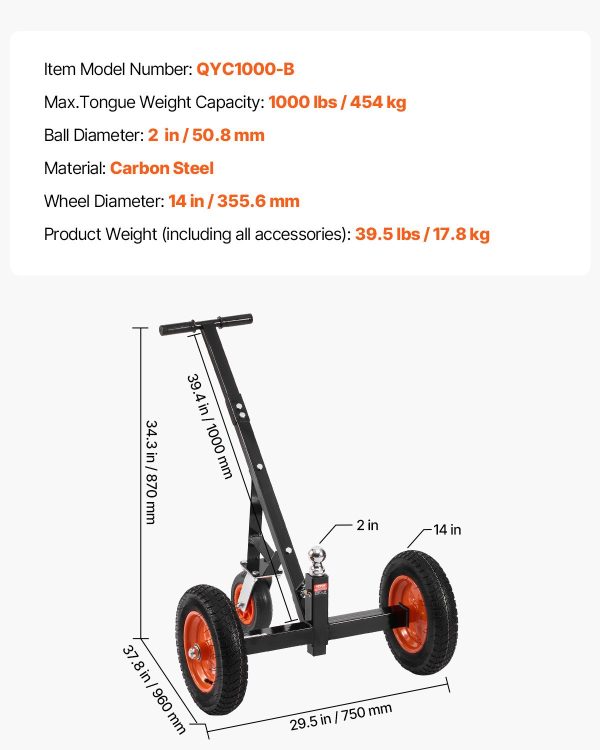 Podvozok na príves, nosnosť čela 454 kg, nastaviteľná výška 425 a 560 mm, guľa 50,8 mm, pneumatika 355,6 mm, uhlíková oceľ, na prepravu prívesov na obytné vozidlá – Obrázok 6