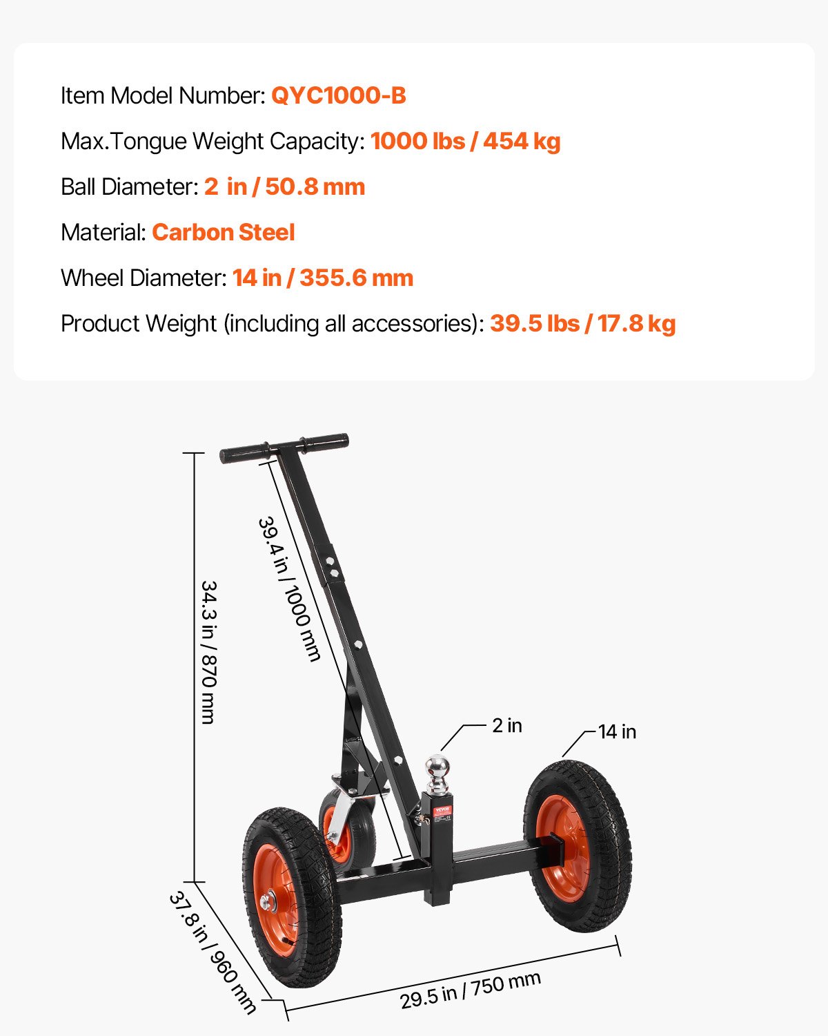 Podvozok na príves, nosnosť čela 454 kg, nastaviteľná výška 425 a 560 mm, guľa 50,8 mm, pneumatika 355,6 mm, uhlíková oceľ, na prepravu prívesov na obytné vozidlá – Obrázok 6