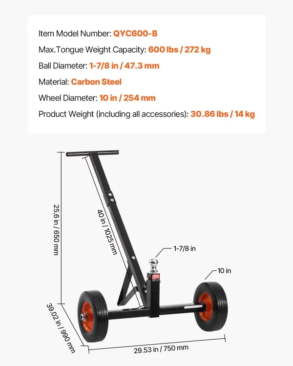 Pomôcka na manévrovanie s prívesom, vozík na príves, zaťaženie čelom 272 kg, nastaviteľná výška 42 a 56 cm, ťažná guľa 47,3 mm, celogumové pneumatiky 254 mm, na premiestňovanie prívesov s obytnými vozidlami a loďami – Obrázok 6