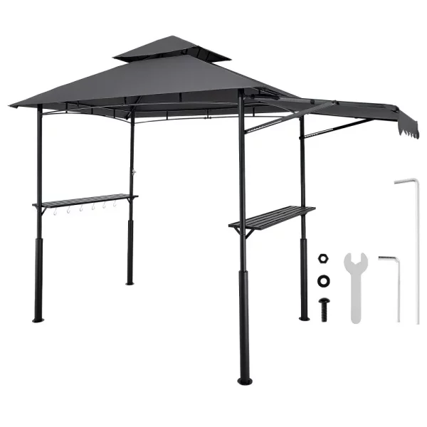 Altánok BBQ, 2430x1500x500 mm, grilovacia strieška na vonkajší gril, 2-úrovňová strieška na altánok BBQ, záhradný altánok s dvojitou strechou a prídavnou markízou, na terasu, dvor a záhradu
