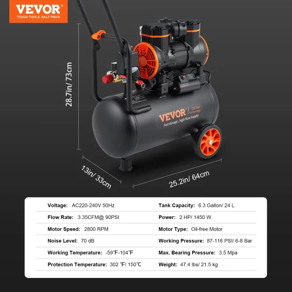 Tichý vzduchový kompresor 2800 ot./min. Šepkajúci kompresor 70 dB bez oleja s 2 kolesami 24 l tlaková nádrž 6-8 barov 1450 W (2 HP) 3,5 MPa Opravy áut Striekanie Lakovanie Opracovanie dreva – Obrázok 6