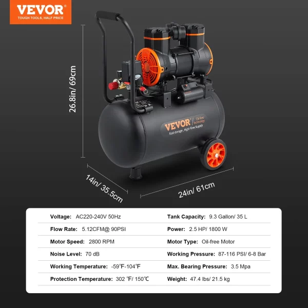 Vzduchový kompresor s objemom 9,3 galóna, 2,5 HP, 2,2 CFM pri tlaku 90 PSI, bezolejová nádrž vzduchového kompresora a maximálny tlak 116 PSI, ultra tichý kompresor 70 dB na opravy automobilov, hustenie pneumatík, striekanie farieb, pribíjanie klincov do dreva – Obrázok 6