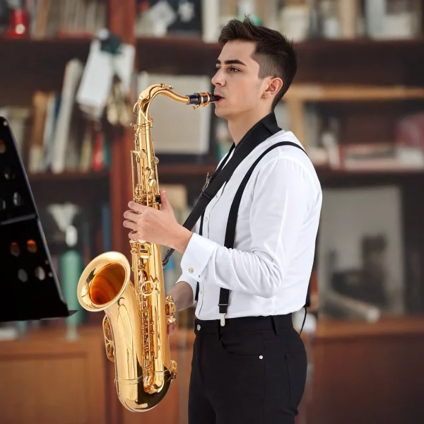 Tenor saxofón, B dur, sada pre začiatočníkov s žesťovým saxofónom s prenosným puzdrom, náustkom, popruhmi, čistiacou handričkou, rukavicami, popruhom na krk, 23-klávesová sada tenor saxofónov, pre začiatočníkov a študentov, zlatá – Obrázok 3