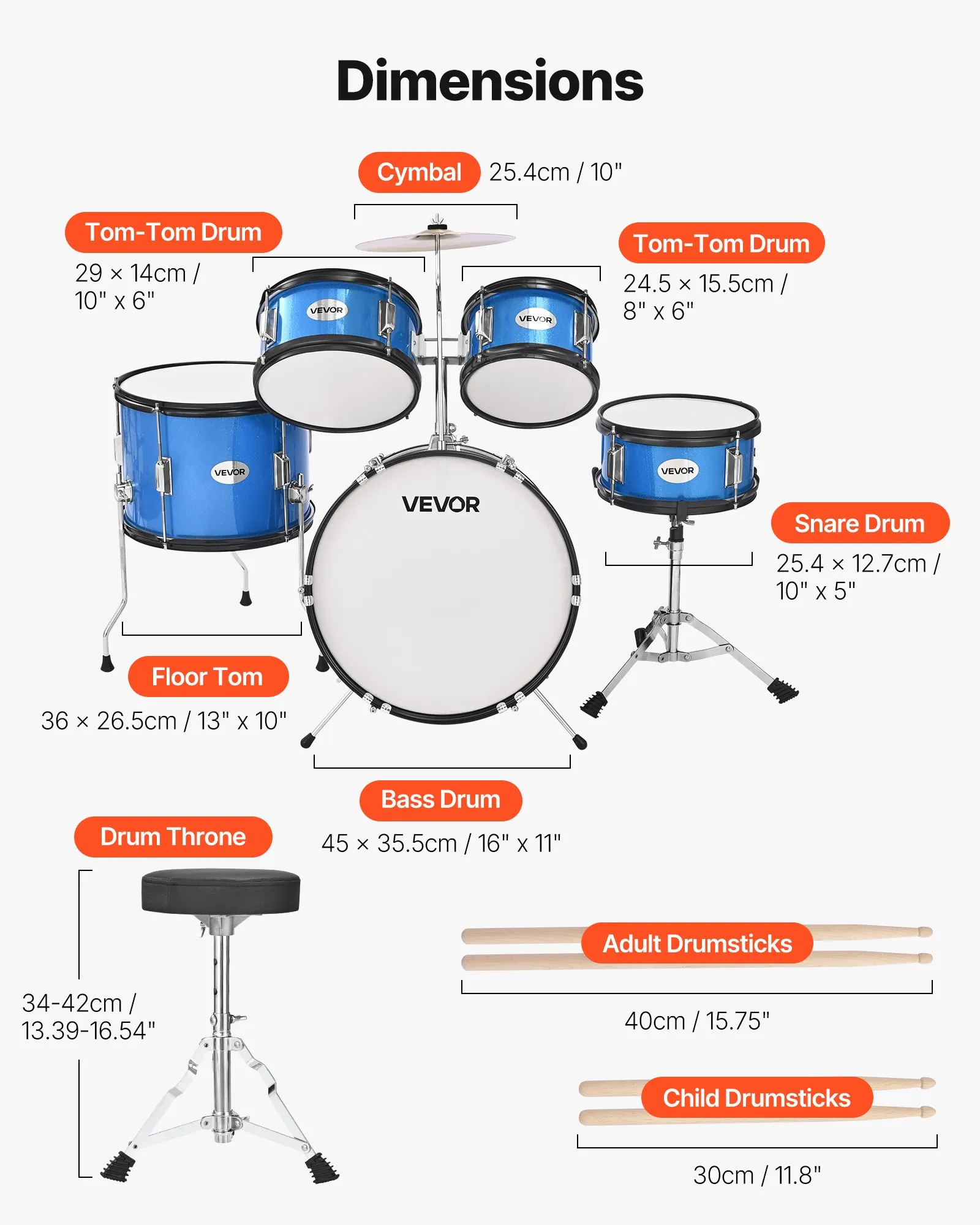 5-dielna bicia súprava , vrátane 16-palcového basového bubna, 10-palcového malého bubna, 8-palcových a 10-palcových tomtomov, 13-palcového podlahového tomu, 10-palcového crash činelu a 8-palcového hi-hatu, pre deti vo veku 6-13 rokov, modrá – Obrázok 5
