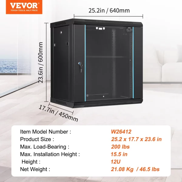 Nástenná sieťová serverová skriňa  12U, hĺbka 15,5", racková skriňa pre servery, nosnosť cca 91 kg, montáž na podlahu, s uzamykateľnými bočnými panelmi so sklenenými dverami, pre IT zariadenia, A/V zariadenia – Obrázok 7
