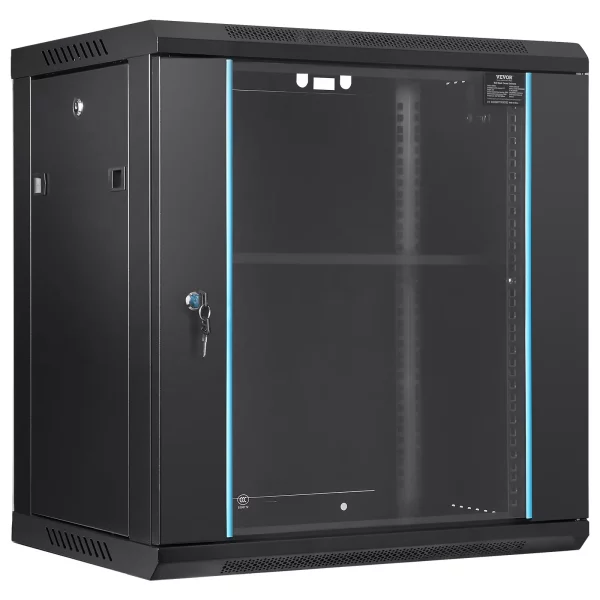 Nástenná sieťová serverová skriňa  12U, hĺbka 15,5", racková skriňa pre servery, nosnosť cca 91 kg, montáž na podlahu, s uzamykateľnými bočnými panelmi so sklenenými dverami, pre IT zariadenia, A/V zariadenia
