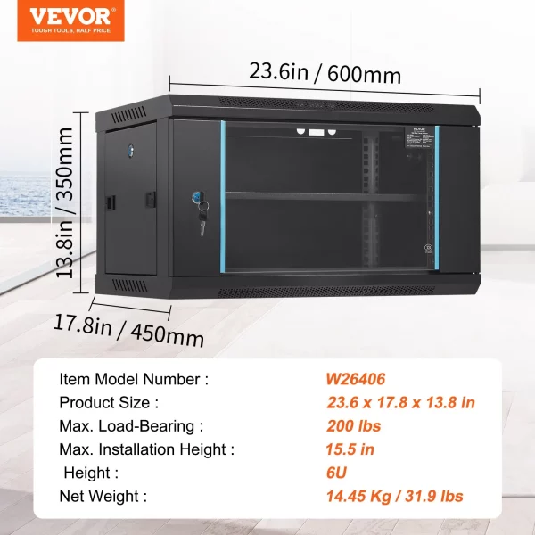 Nástenná sieťová serverová skriňa 6U, hĺbka 39 cm, racková skriňa pre servery, max. 90,72 kg, nosnosť pri montáži na podlahu, s uzamykateľnými bočnými panelmi so sklenenými dverami, pre IT zariadenia, A/V zariadenia – Obrázok 6