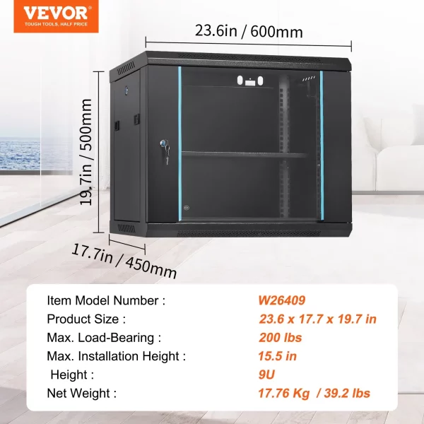 Nástenná skriňa pre sieťový server 9U, 60x45x50cm, hĺbka dverí 393,7 cm, zámok – Obrázok 6