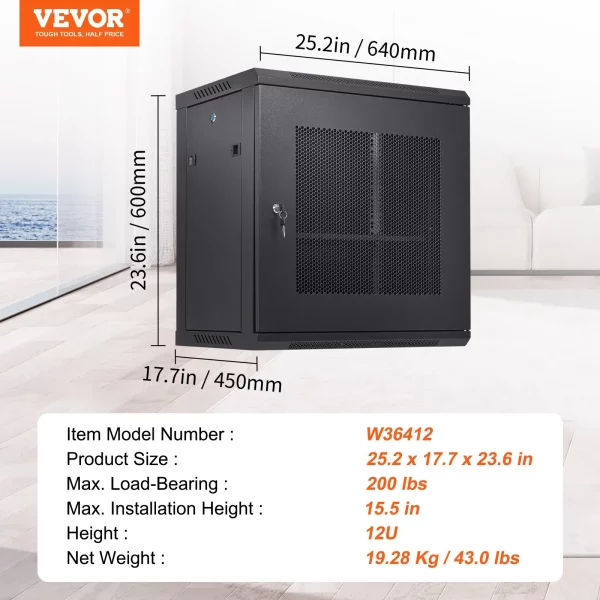 Nástenná sieťová serverová skriňa 12U, hĺbka 15,5", skriňa pre serverový rack, max. nosnosť 200 libier, montáž na podlahu, s uzamykateľnými bočnými panelmi dverí, pre IT zariadenia, A/V zariadenia – Obrázok 8