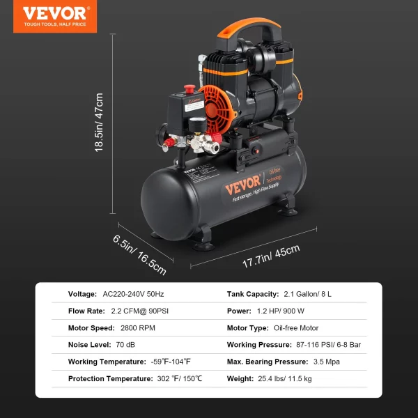 Vzduchový kompresor s objemom 2,1 galóna, 1,2 HP, 2,2 CFM pri tlaku 90 PSI, bezolejová nádrž vzduchového kompresora a maximálny tlak 116 PSI, ultratichý kompresor 70 dB na opravy automobilov, hustenie pneumatík, striekanie farieb, pribíjanie klincov do dreva – Obrázok 6