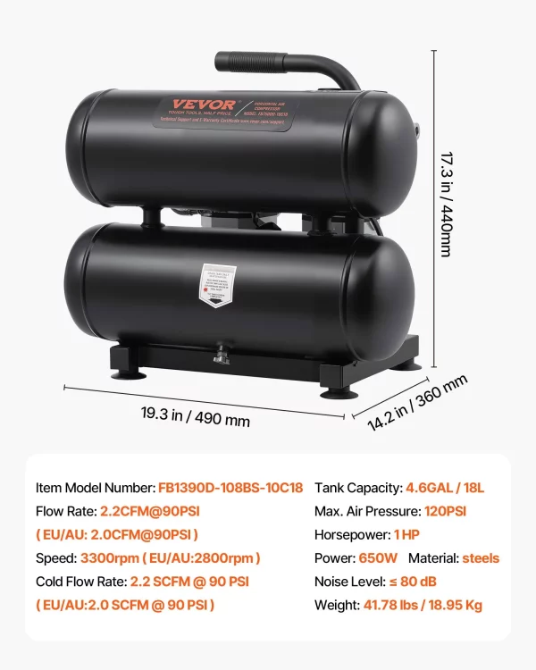 Vzduchový kompresor, oceľová nádrž s objemom 4,6 galóna, bezolejový vzduchový kompresor 1 HP 2,0 CFM pri tlaku 90 PSI a maximálny tlak 120 PSI, ultra tichý prenosný kompresor 80 dB, na opravy áut, hustenie pneumatík, striekanie farieb – Obrázok 6