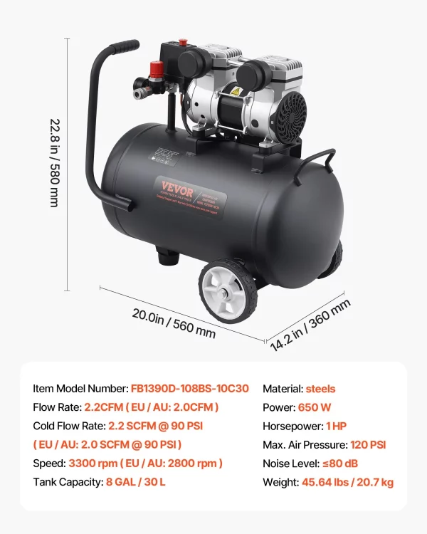 Vzduchový kompresor, 8-galónová oceľová nádrž, 1 HP, 2,2 CFM pri 90 PSI, bezolejový vzduchový kompresor a maximálny tlak 120 PSI, ultratichý prenosný kompresor 80 dB, na opravy automobilov, hustenie pneumatík, striekanie farieb – Obrázok 6