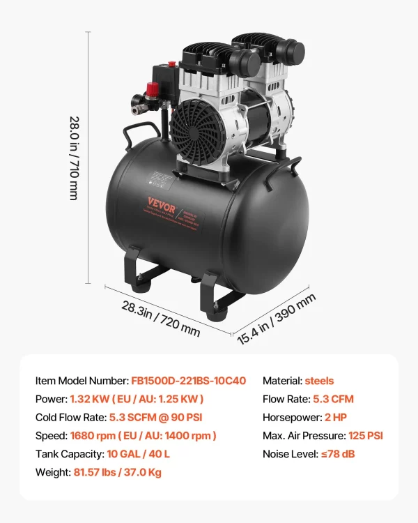 Vzduchový kompresor, 10-galónová oceľová nádrž, 2 HP 5,3 CFM pri 90 PSI bezolejový vzduchový kompresor a max. tlak 125 PSI, ultra tichý prenosný kompresor 78 dB, na opravy áut, hustenie pneumatík, striekanie farieb – Obrázok 5