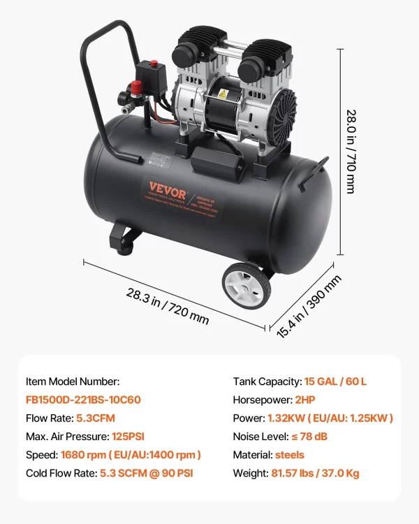 Vzduchový kompresor, oceľová nádrž s objemom 15 galónov, bezolejový vzduchový kompresor s výkonom 2 HP a tlakom 5,3 CFM pri tlaku 90 PSI a maximálnym tlakom 125 PSI, ultra tichý prenosný kompresor s hlučnosťou 78 dB, na opravy áut, hustenie pneumatík a striekanie farieb. – Obrázok 6
