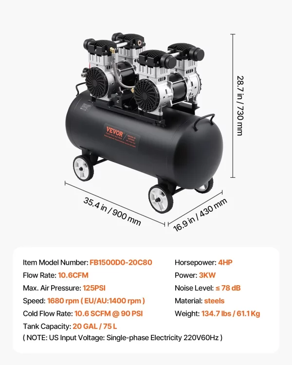 Vzduchový kompresor, 20-galónová oceľová nádrž, 4 HP, 14,6 CFM pri 90 PSI, bezolejový vzduchový kompresor a maximálny tlak 125 PSI, ultra tichý prenosný kompresor 78 dB, na opravy automobilov, hustenie pneumatík, striekanie farieb – Obrázok 6