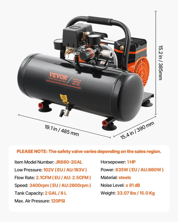 Vzduchový kompresor, 2-galónová oceľová nádrž, 1 HP, 2,5 CFM, 8 barov, bezolejový vzduchový kompresor a maximálny tlak 120 PSI, 81 dB, ultra tichý prenosný kompresor, na opravy áut, hustenie pneumatík, striekanie farieb – Obrázok 6
