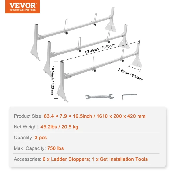 Strešný nosič rebríkov, 3 kusy, dĺžka 1430 – 1560 mm, nastaviteľný nosič na nákladné auto 200 – 215 mm, výška 340 kg, nosnosť 340 kg, nosiče batožiny na nákladné autá, hliníková zliatina, odolný voči hrdzi a korózii. – Obrázok 7