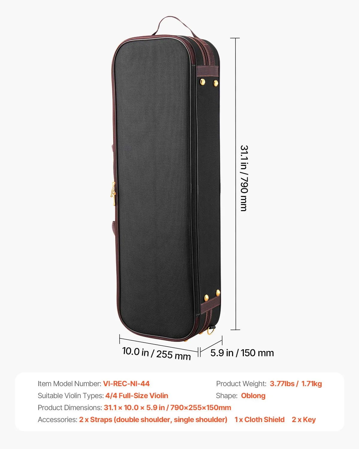 Puzdro na husle VEVOR 4/4 Full Size, vstavaný vlhkomer, cestovné puzdro na husle, s mäkkou podšívkou, ramenné popruhy, odolné voči poškriabaniu, profesionálny podlhovastý tvar, na husle, čierne – Obrázok 4