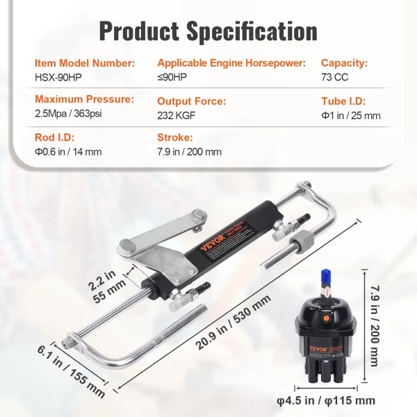 Súprava hydraulického riadenia pre závesný motor 90 HP, hydraulický systém riadenia pre námorné lode s riadením a čerpadlom riadenia, obojsmerným uzamykacím valcom a 7,3 m hydraulickou hadicou riadenia, pre lode s jedným motorom a jednou stanicou – Obrázok 7