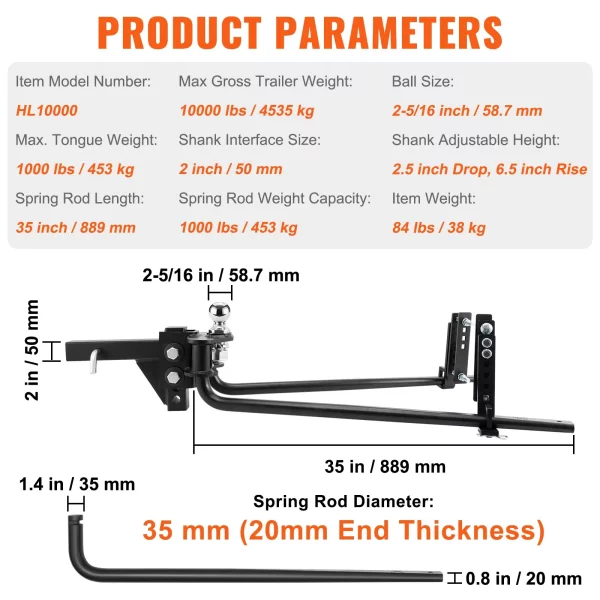 Ťažné zariadenie 453 kg, ťažné zariadenie, rozloženie záťaže s hriadeľom 50 mm, guľa 58,7 mm, systém kontroly stability prívesu pre vyrovnávanie záťaže, čierny práškový nástrek – Obrázok 6