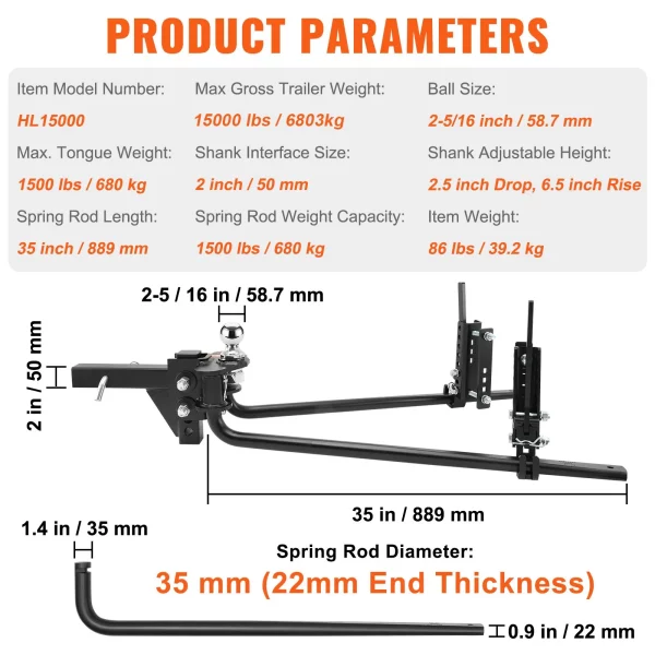 Ťažné zariadenie 680 kg, ťažné zariadenie, rozdeľovač zaťaženia s hriadeľom 50 mm, guľa 58,7 mm, systém kontroly stability prívesu pre vyrovnávanie zaťaženia, čierny práškový nástrek – Obrázok 6