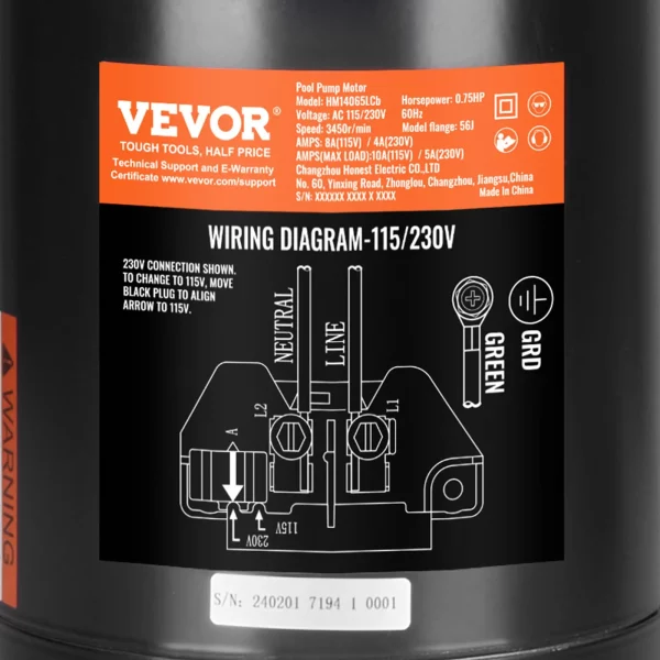 Motor bazénového čerpadla 0,75 HP, rám 56J, 115 V (8 A)/230 V (4 A), 3450 ot./min., 60 Hz, striedavý účinok 1,5, kondenzátor 80 μF/250 V, otáčanie proti smeru hodinových ručičiek, náhradný motor s okrúhlou prírubou – Obrázok 2