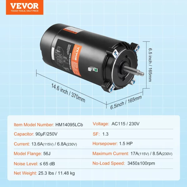 Motor bazénového čerpadla 1,5 HP, rám 56J, 115 V (13,6 A)/230 V (6,8 A) 3450 ot./min., 60 Hz, strieda 1,3, kondenzátor 90 μF/250 V, otáčanie proti smeru hodinových ručičiek, náhradný motor s okrúhlou prírubou – Obrázok 6