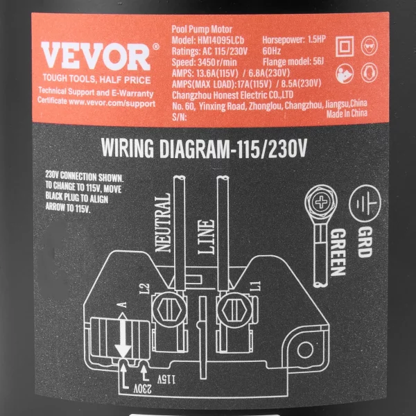 Motor bazénového čerpadla 1,5 HP, rám 56J, 115 V (13,6 A)/230 V (6,8 A) 3450 ot./min., 60 Hz, strieda 1,3, kondenzátor 90 μF/250 V, otáčanie proti smeru hodinových ručičiek, náhradný motor s okrúhlou prírubou – Obrázok 2