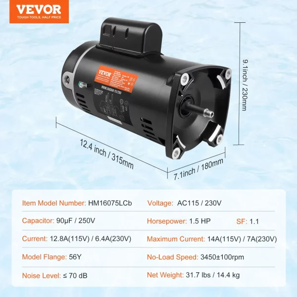 Motor bazénového čerpadla 1,5 HP, rám 56Y, 115 V (12,8 A)/230 V (6,4 A) 3450 ot./min., 60 Hz, striedavý účinok 1,1, kondenzátor 90 μF/250 V, otáčanie proti smeru hodinových ručičiek, náhradný motor so štvorcovou prírubou – Obrázok 6