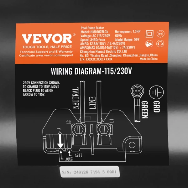 Motor bazénového čerpadla 1,5 HP, rám 56Y, 115 V (12,8 A)/230 V (6,4 A) 3450 ot./min., 60 Hz, striedavý účinok 1,1, kondenzátor 90 μF/250 V, otáčanie proti smeru hodinových ručičiek, náhradný motor so štvorcovou prírubou – Obrázok 2