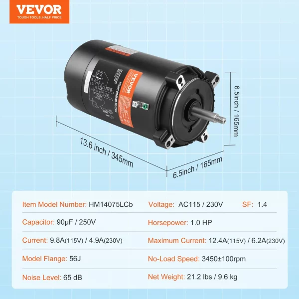 Motor bazénového čerpadla 1 HP, rám 56J, 115 V (9,8 ampéra)/230 V (4,9 ampéra), 3450 ot./min., 60 Hz, strieda 1,4, kondenzátor 90 μF/250 V, otáčanie proti smeru hodinových ručičiek, náhradný motor s okrúhlou prírubou – Obrázok 6