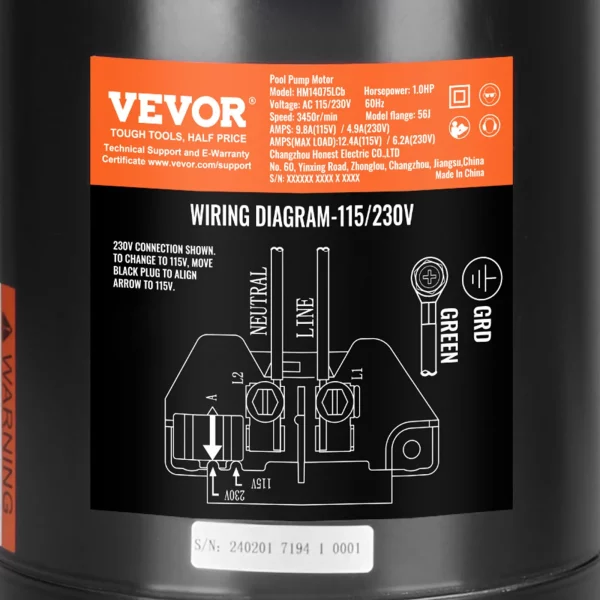 Motor bazénového čerpadla 1 HP, rám 56J, 115 V (9,8 ampéra)/230 V (4,9 ampéra), 3450 ot./min., 60 Hz, strieda 1,4, kondenzátor 90 μF/250 V, otáčanie proti smeru hodinových ručičiek, náhradný motor s okrúhlou prírubou – Obrázok 2