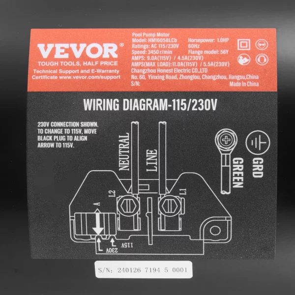 Motor bazénového čerpadla 1 HP, rám 56Y, 115 V (9 A)/230 V (4,5 A), 3450 ot./min., 60 Hz, striedavý účinok 1,25, kondenzátor 90 μF/250 V, otáčanie proti smeru hodinových ručičiek, náhradný motor so štvorcovou prírubou – Obrázok 2