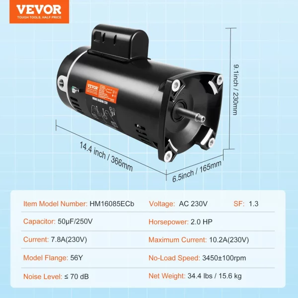 Motor bazénového čerpadla 2 HP, rám 56Y, 230 V (7,8 A) 3450 ot./min., 60 Hz, striedavý účinok 1,3, kondenzátor 50 μF/250 V, náhradný motor so štvorcovou prírubou s ľavým otáčaním – Obrázok 6