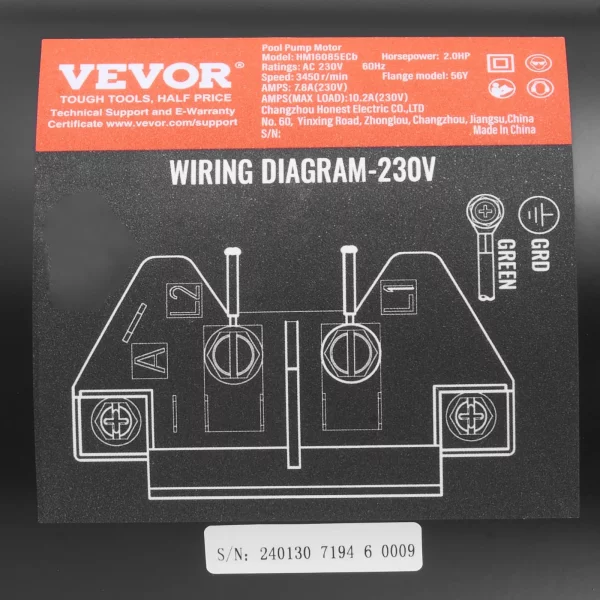 Motor bazénového čerpadla 2 HP, rám 56Y, 230 V (7,8 A) 3450 ot./min., 60 Hz, striedavý účinok 1,3, kondenzátor 50 μF/250 V, náhradný motor so štvorcovou prírubou s ľavým otáčaním – Obrázok 2